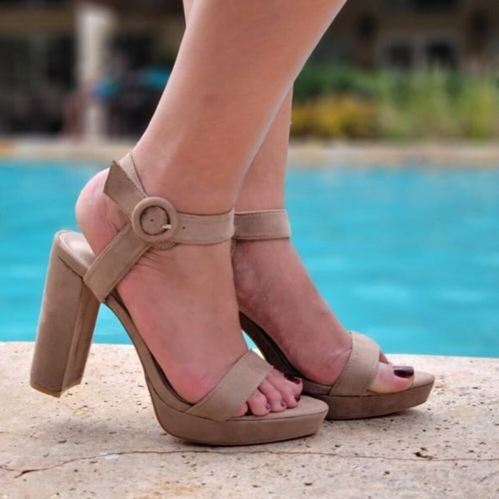 Taupe Faux Suede Platform Pumps with Chunky Heel & Buckle Closure